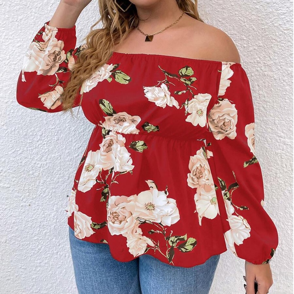 Boho Plus Floral Print Off Shoulder Cottagecore Top - Picture 6 of 9